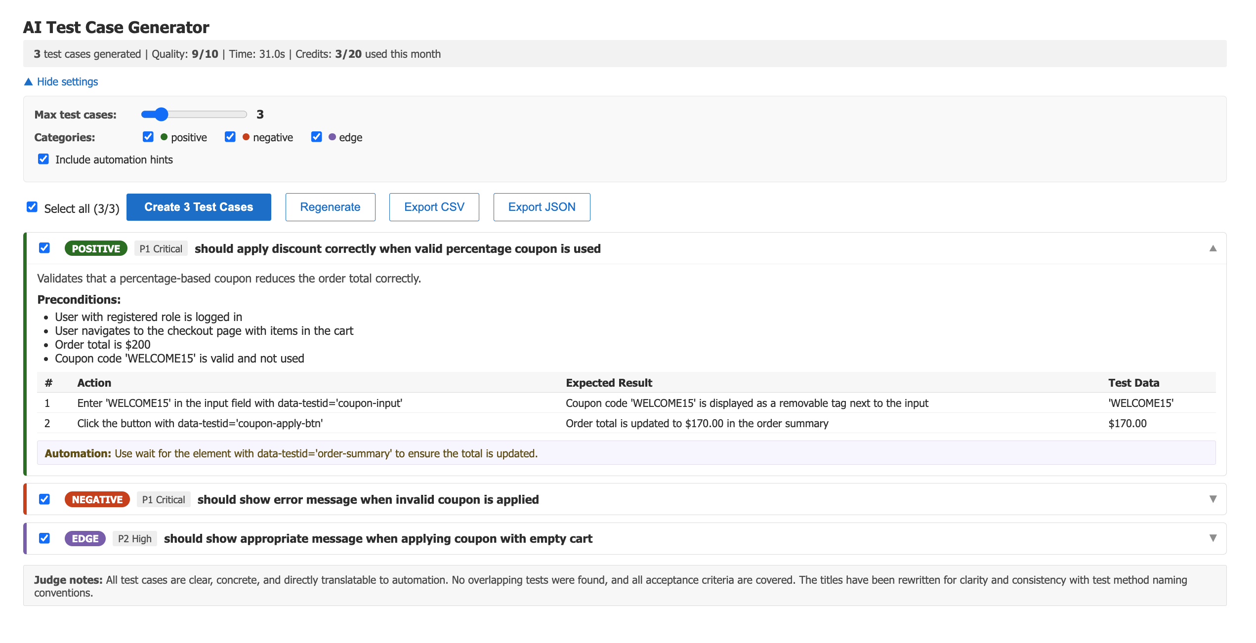 Preview generated test cases before saving