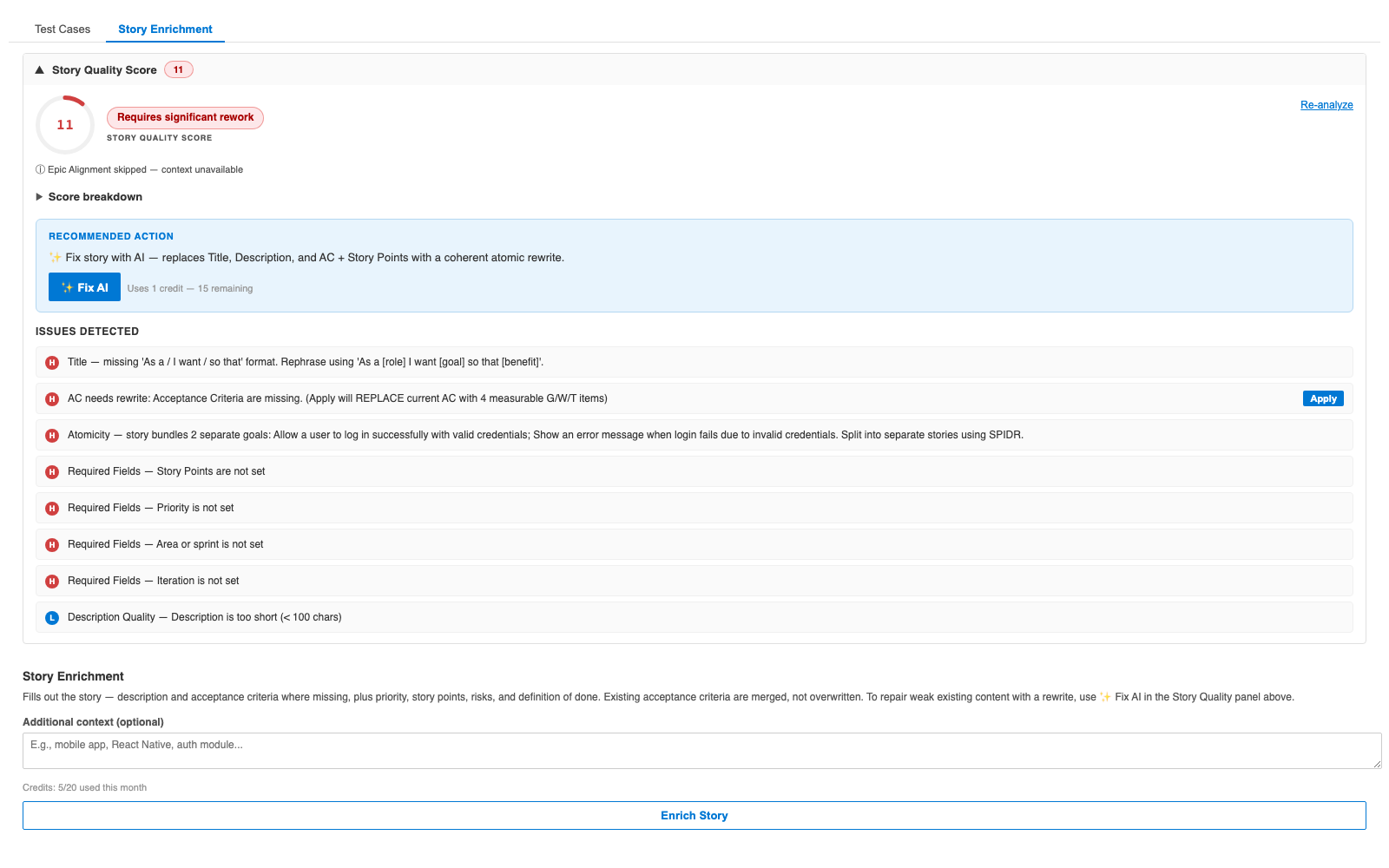Story Quality Score — 10 quality dimensions, honest verdict, and a one-click ✨Fix AI rewrite
